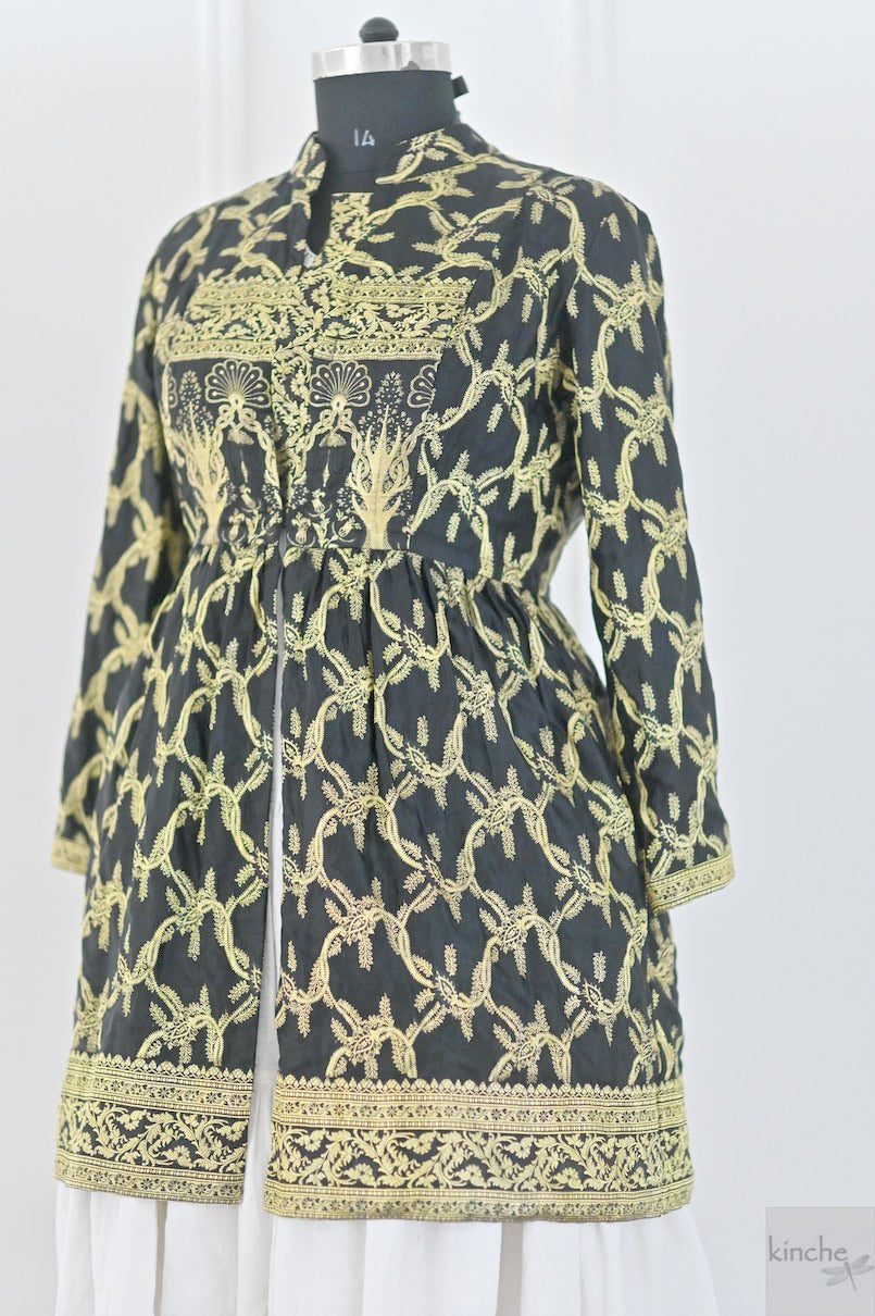 XXL, Kaali, Handmade Vintage Zari Silk Saree Long Coat in Black & Gold Zari