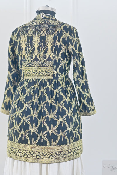 XXL, Kaali, Handmade Vintage Zari Silk Saree Long Coat in Black & Gold Zari