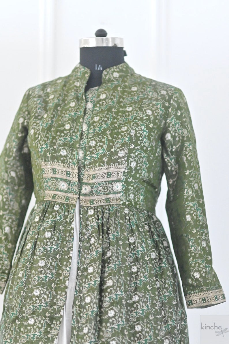 Noor, Sage Green, Vintage Zari Silk Saree, Flared Coat in Size Medium