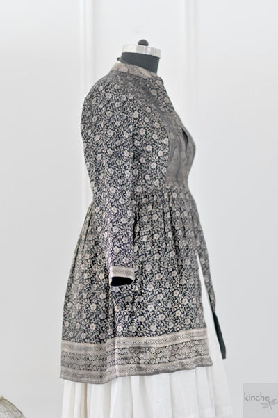 Yalina, Black and Bronze Zari Silk Saree Flared Coat, Handmade Up Cycled, medium