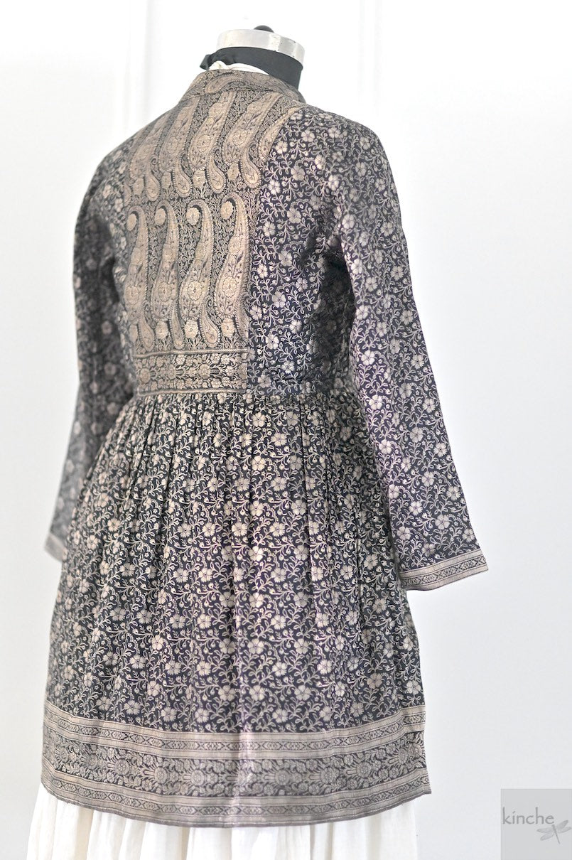 Yalina, Black and Bronze Zari Silk Saree Flared Coat, Handmade Up Cycled, medium