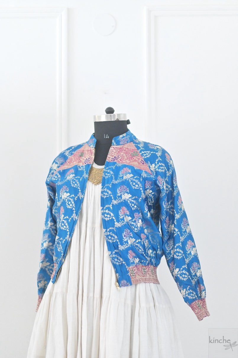 M/L Diya, Vintage Zari Silk Saree Bomber Jacket, Rare Weave, One of a Kind