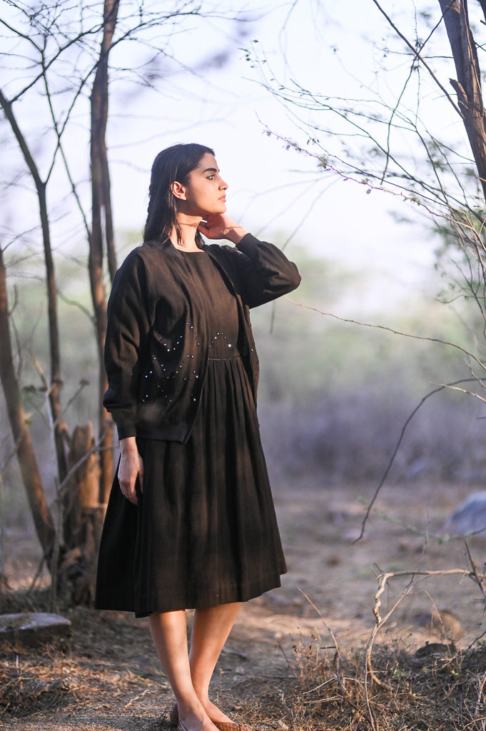 Bombay Black, Organic Kala Cotton Bomber with Hand Embroidered Mirror Work - kinchecom