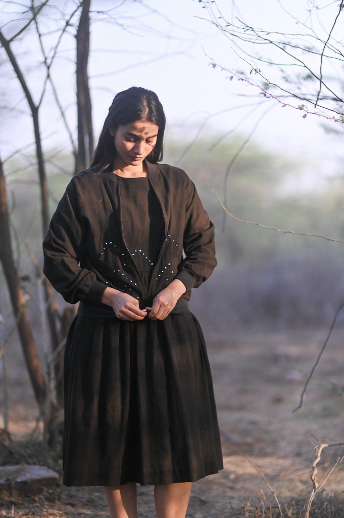 Bombay Black, Organic Kala Cotton Bomber with Hand Embroidered Mirror Work - kinchecom