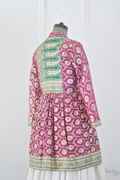 Sia, Deep Fuschia, Vintage Zari Silk Saree Long Coat in Size Medium