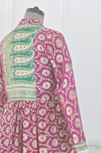 Sia, Deep Fuschia, Vintage Zari Silk Saree Long Coat in Size Medium