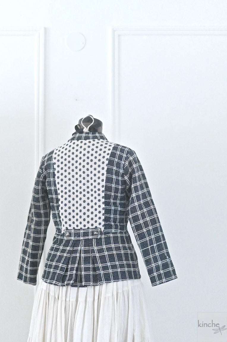 Medium, Maria, Black and White Polka & Check Pattern, Kantha Short Jacket
