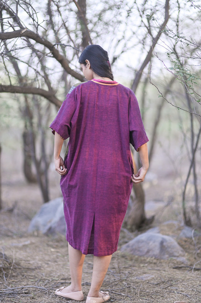 Madrid, Hand Woven Kala Cotton Kaftan Dress in Burgundy - kinchecom