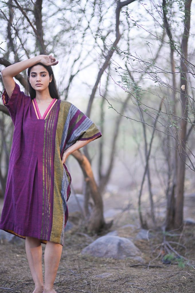 Madrid, Hand Woven Kala Cotton Kaftan Dress in Burgundy - kinchecom