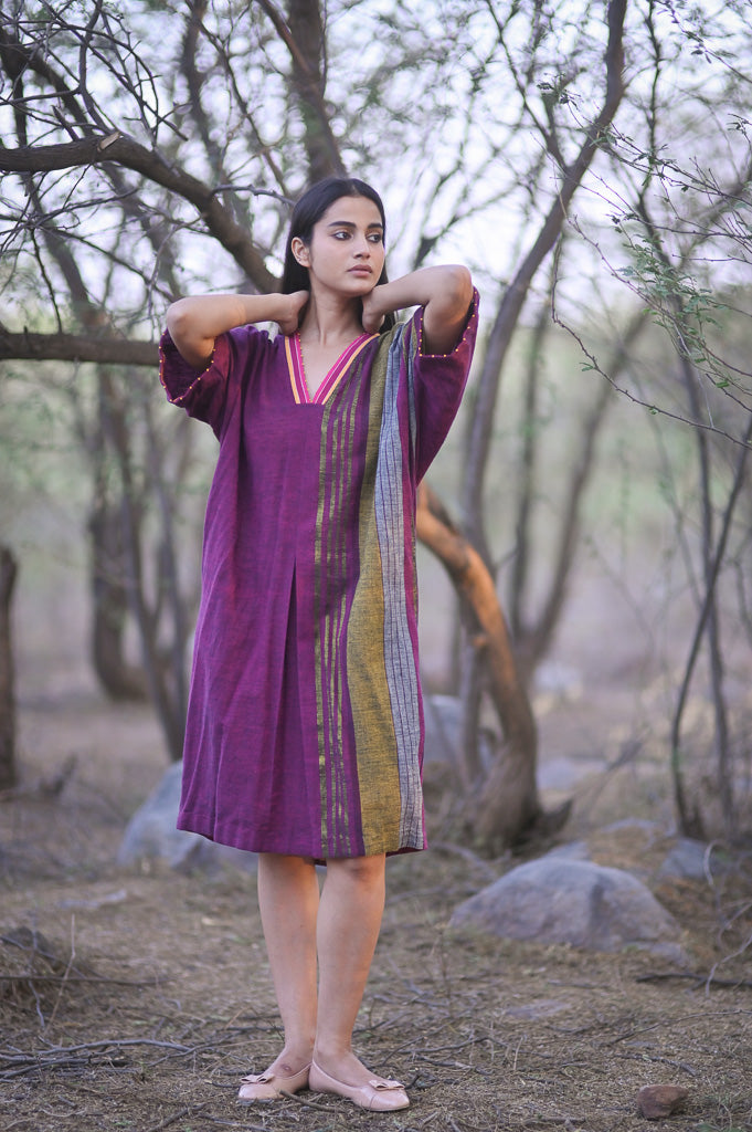 Madrid, Hand Woven Kala Cotton Kaftan Dress in Burgundy - kinchecom