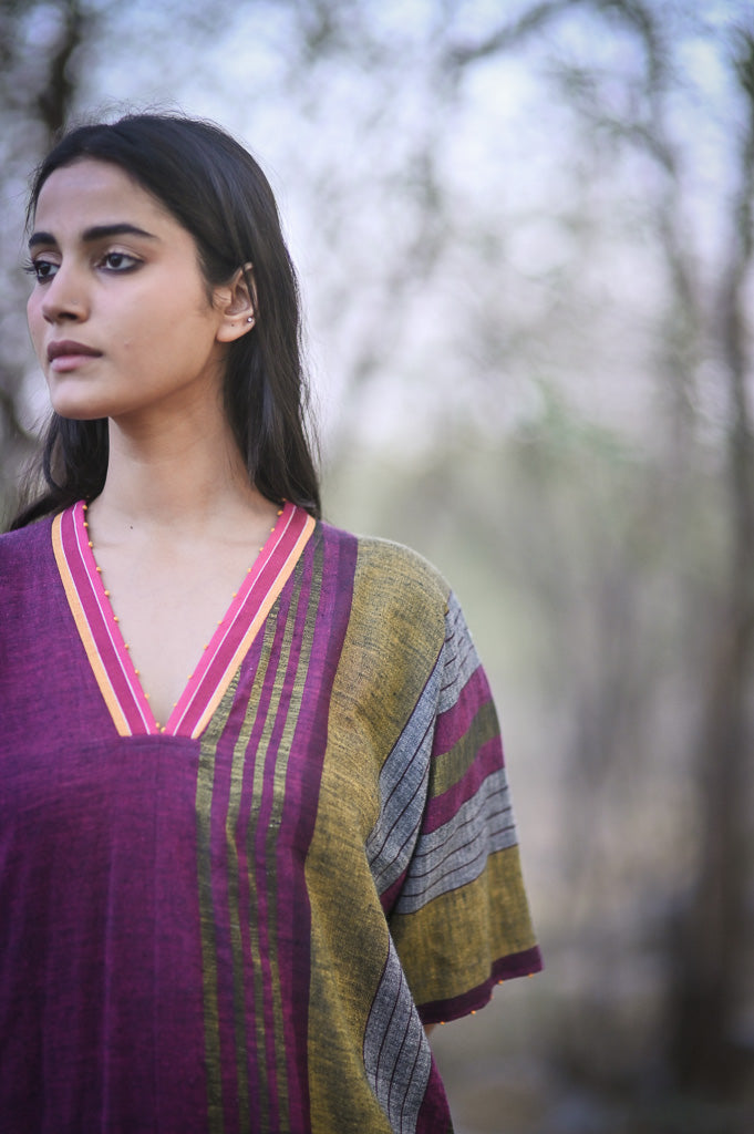 Madrid, Hand Woven Kala Cotton Kaftan Dress in Burgundy - kinchecom