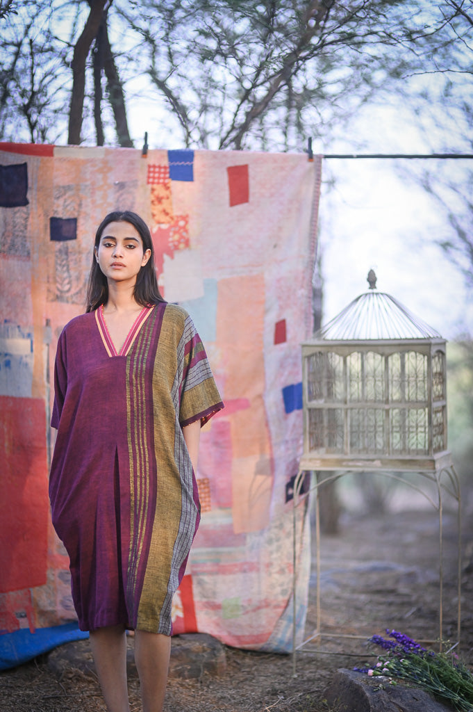 Madrid, Hand Woven Kala Cotton Kaftan Dress in Burgundy - kinchecom