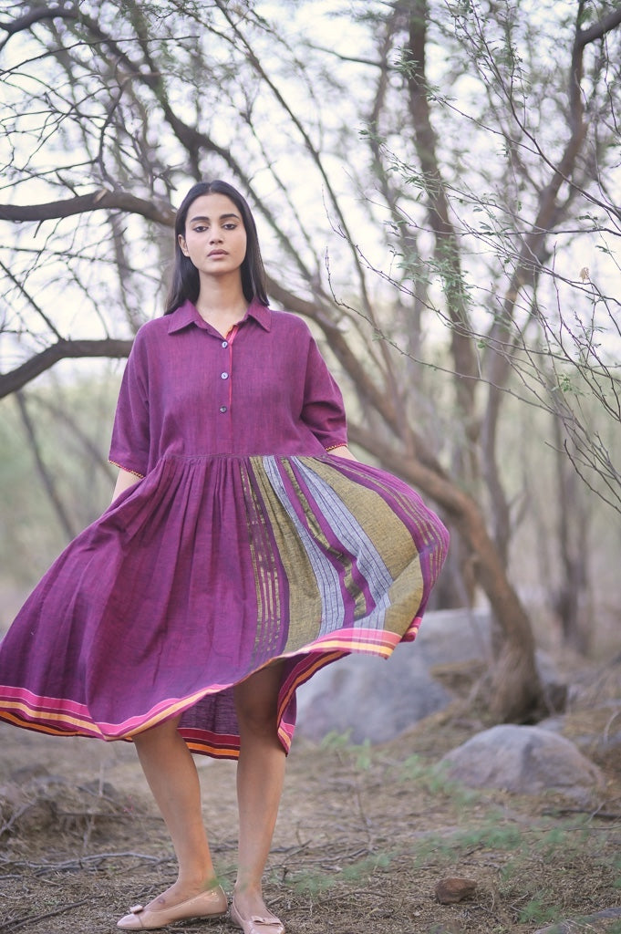 Lisbon, Hand Woven Kala Cotton Dress with Asymmetrical Stripes - kinchecom