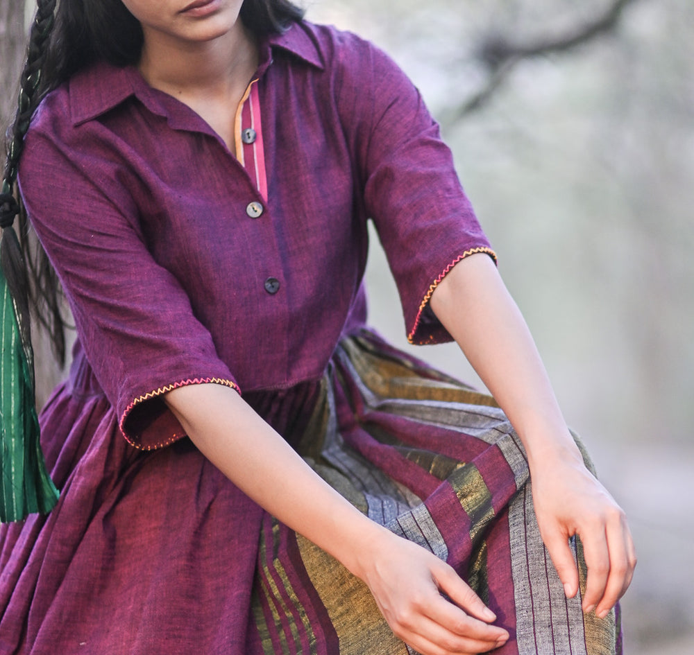 Lisbon, Hand Woven Kala Cotton Dress with Asymmetrical Stripes - kinchecom