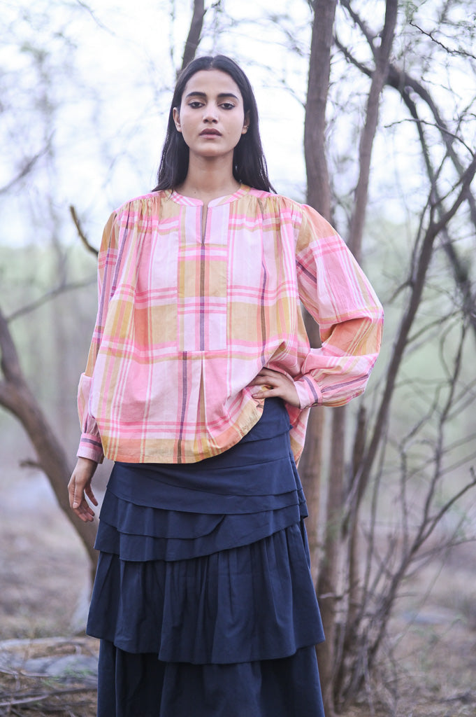 Kandy, Hand Woven Pastel Colors Khadi Shirt with Gathers at Shoulder - kinchecom