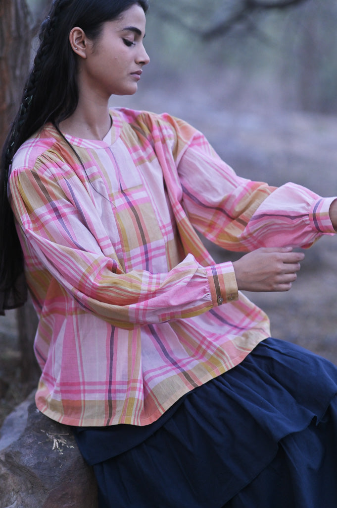 Kandy, Hand Woven Pastel Colors Khadi Shirt with Gathers at Shoulder - kinchecom