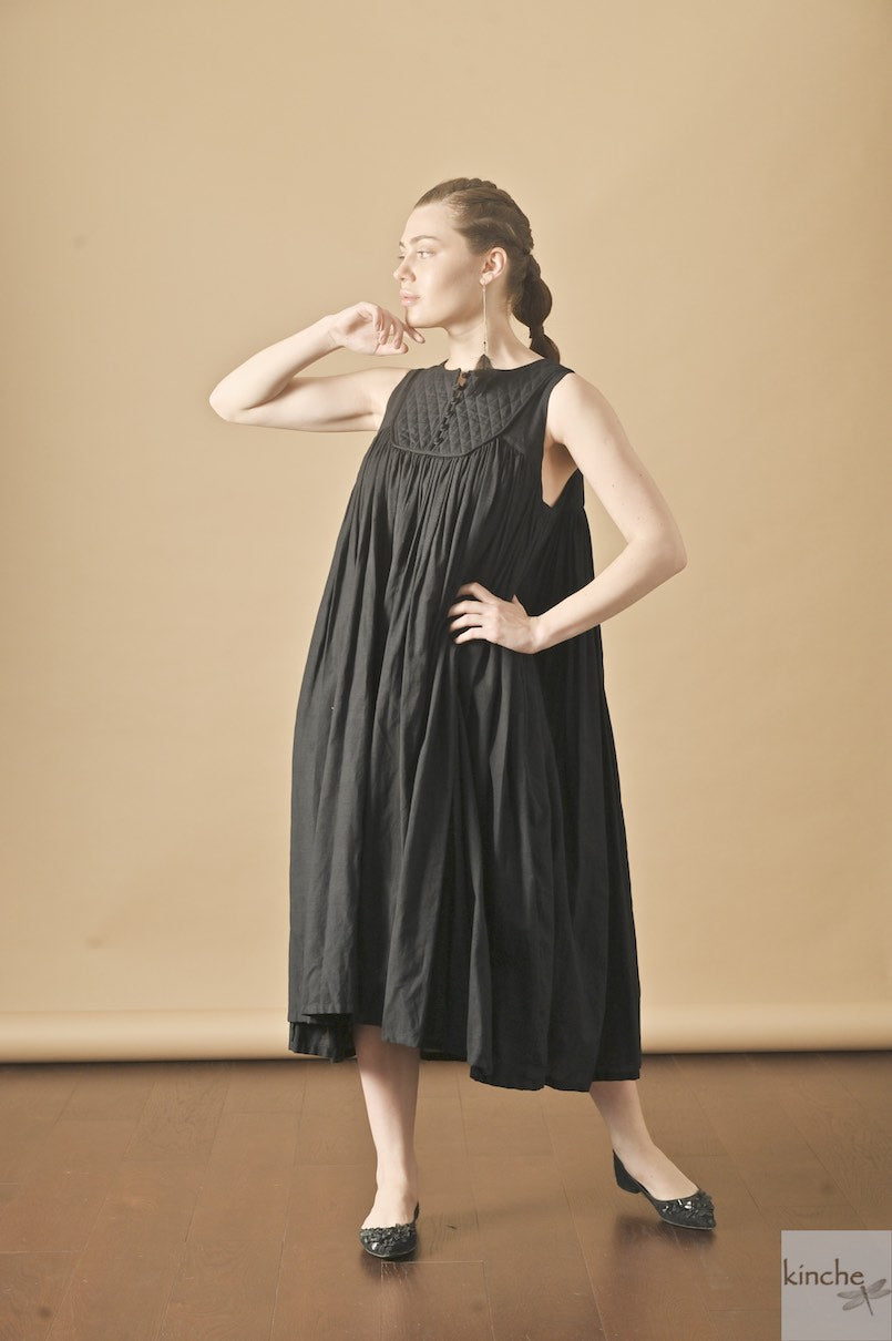 Tara, Handmade Quilted Yolk, Long Dress in Black, Sustainably made - kinchecom