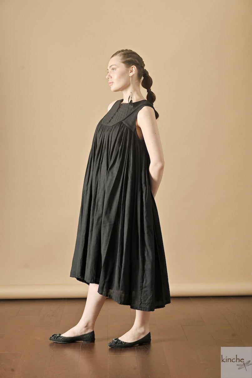 Tara, Handmade Quilted Yolk, Long Dress in Black, Sustainably made - kinchecom