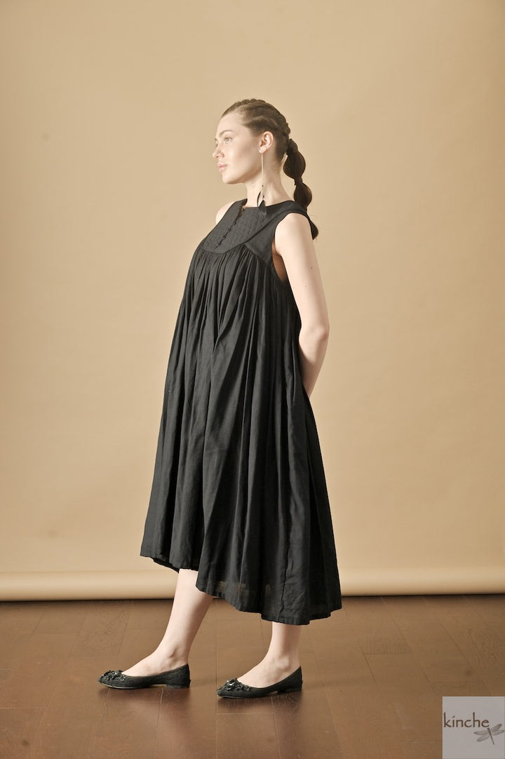 Tara, Handmade Quilted Yolk, Long Dress in Black, Sustainably made - kinchecom