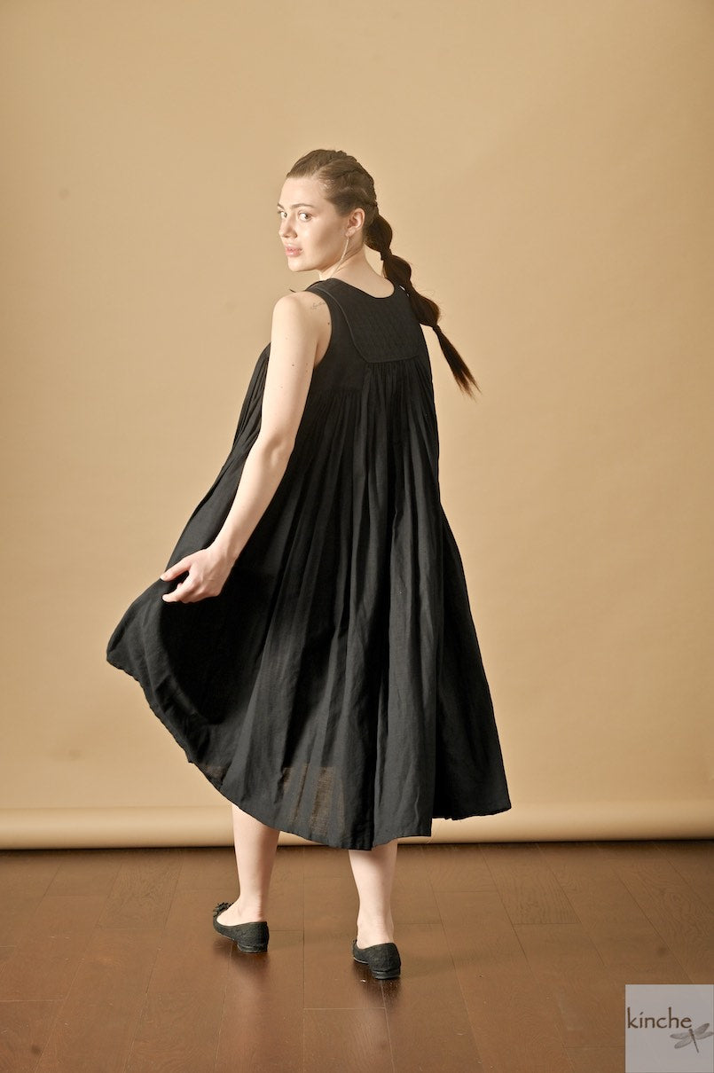 Tara, Handmade Quilted Yolk, Long Dress in Black, Sustainably made - kinchecom