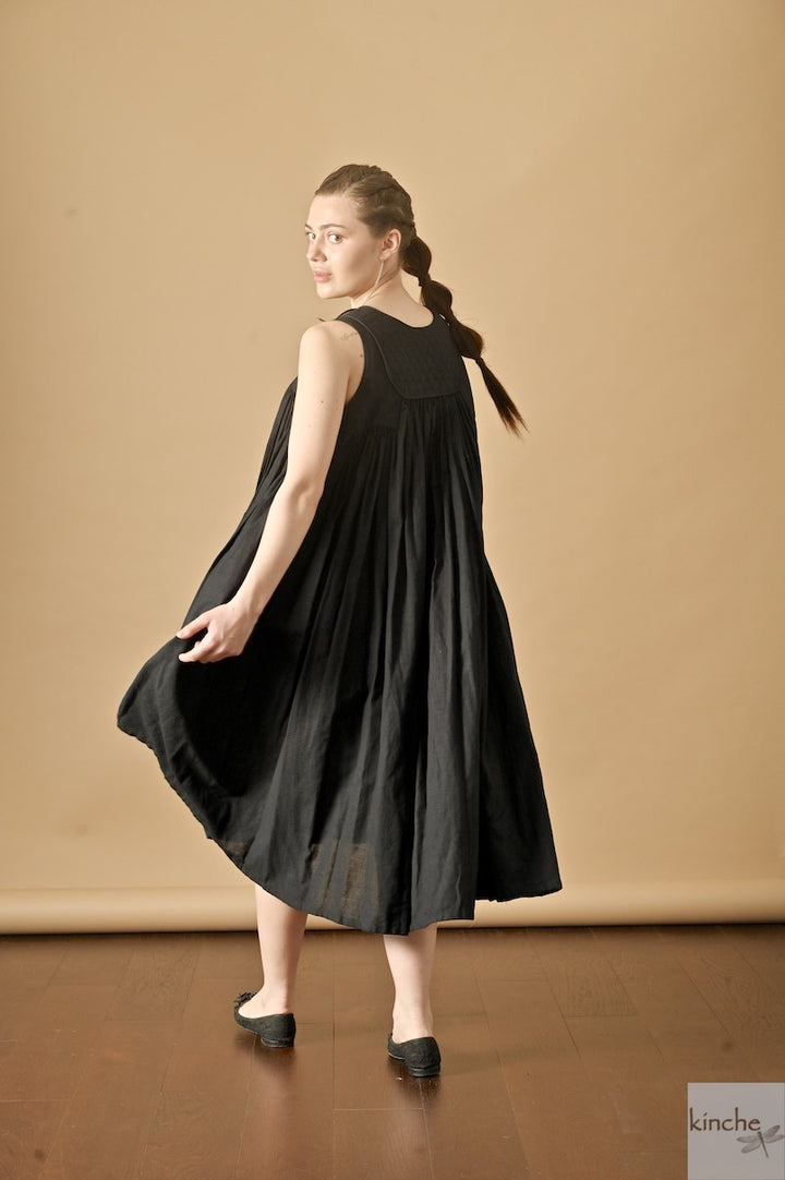 Tara, Handmade Quilted Yolk, Long Dress in Black, Sustainably made - kinchecom