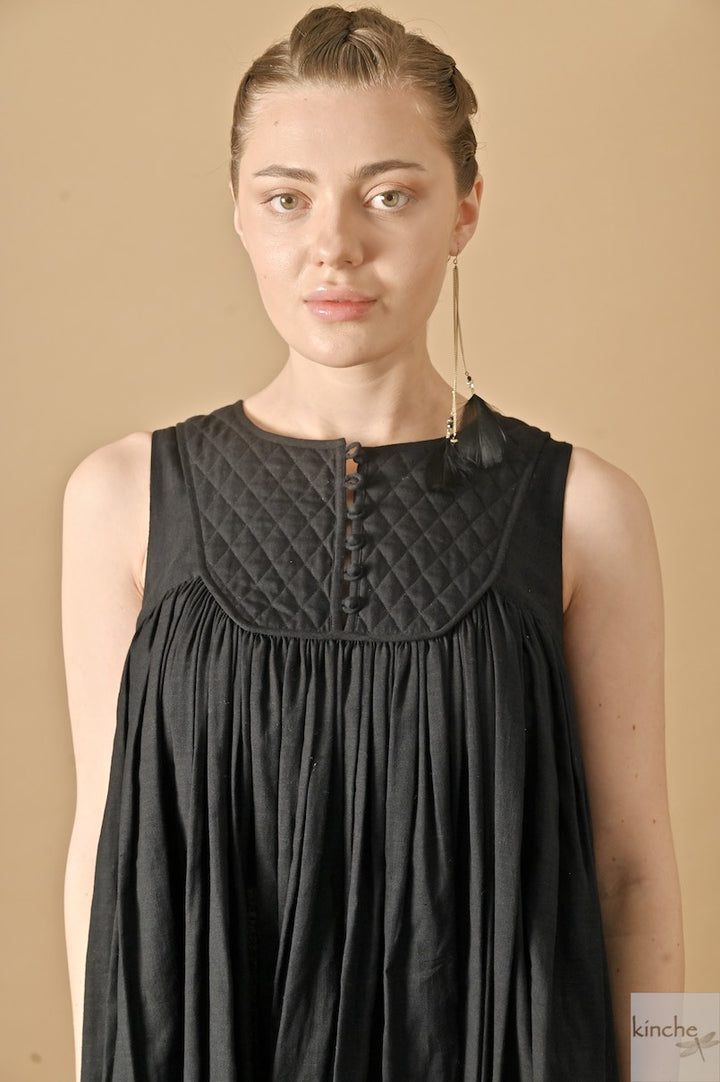 Tara, Handmade Quilted Yolk, Long Dress in Black, Sustainably made - kinchecom