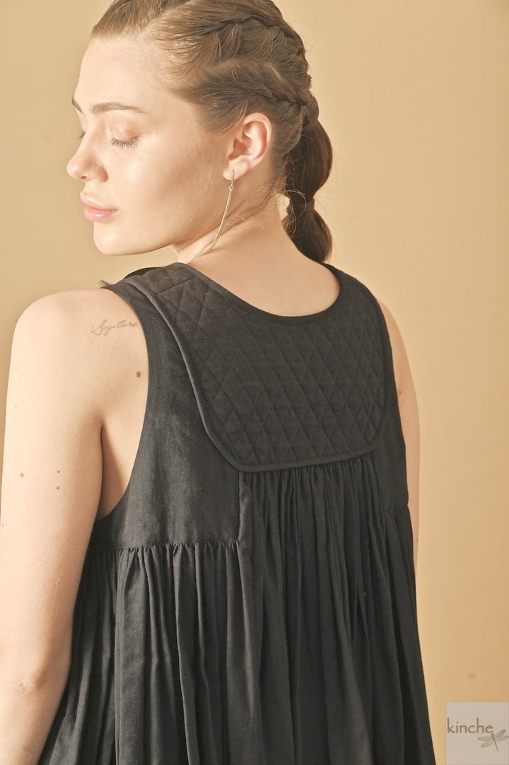 Tara, Handmade Quilted Yolk, Long Dress in Black, Sustainably made - kinchecom