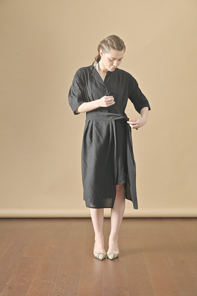 Aster, Khadi  Wrap Shirt Dress in Black