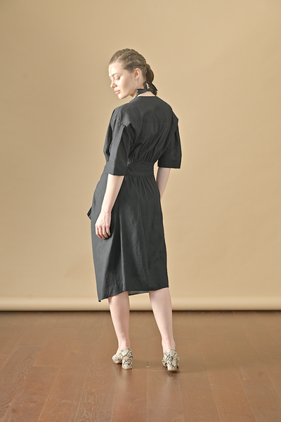 Aster, Khadi  Wrap Shirt Dress in Black