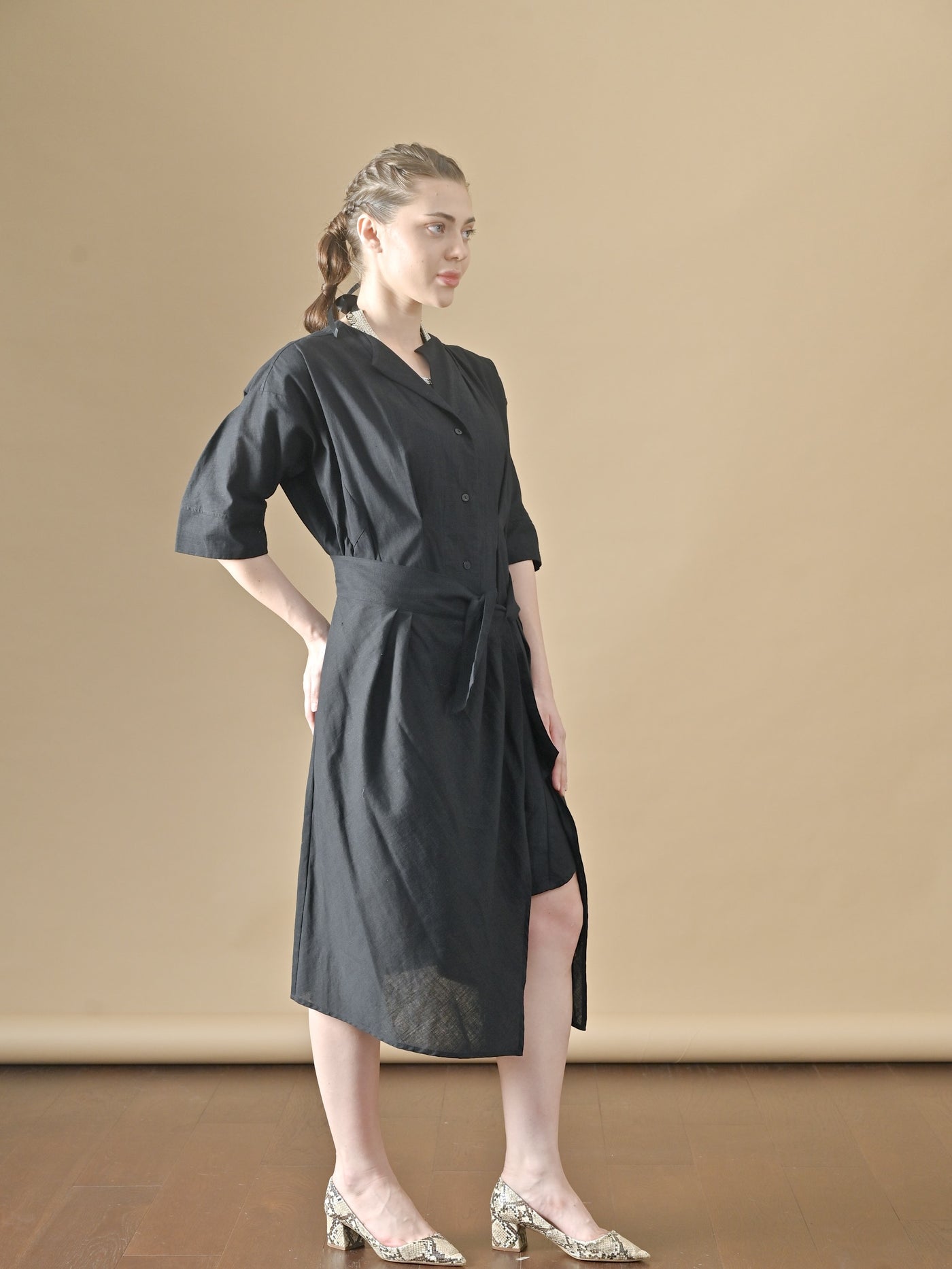 Aster, Khadi  Wrap Shirt Dress in Black