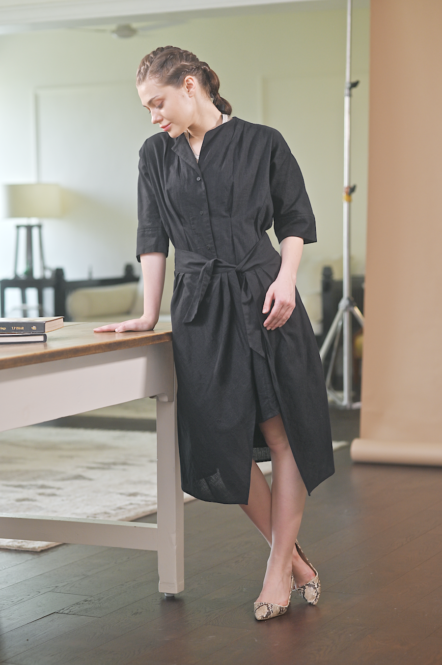 Aster, Khadi  Wrap Shirt Dress in Black