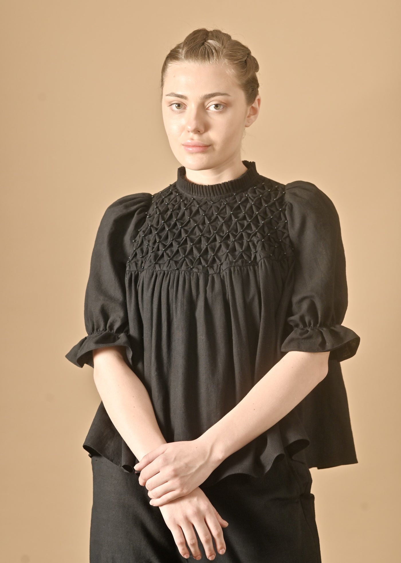 Sia, hand Smocked Khadi Blouse with Puff Sleeves and Black Stone Pearls
