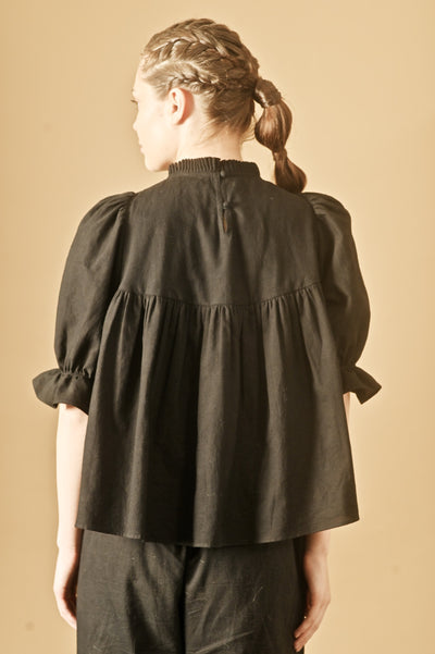 Sia, hand Smocked Khadi Blouse with Puff Sleeves and Black Stone Pearls