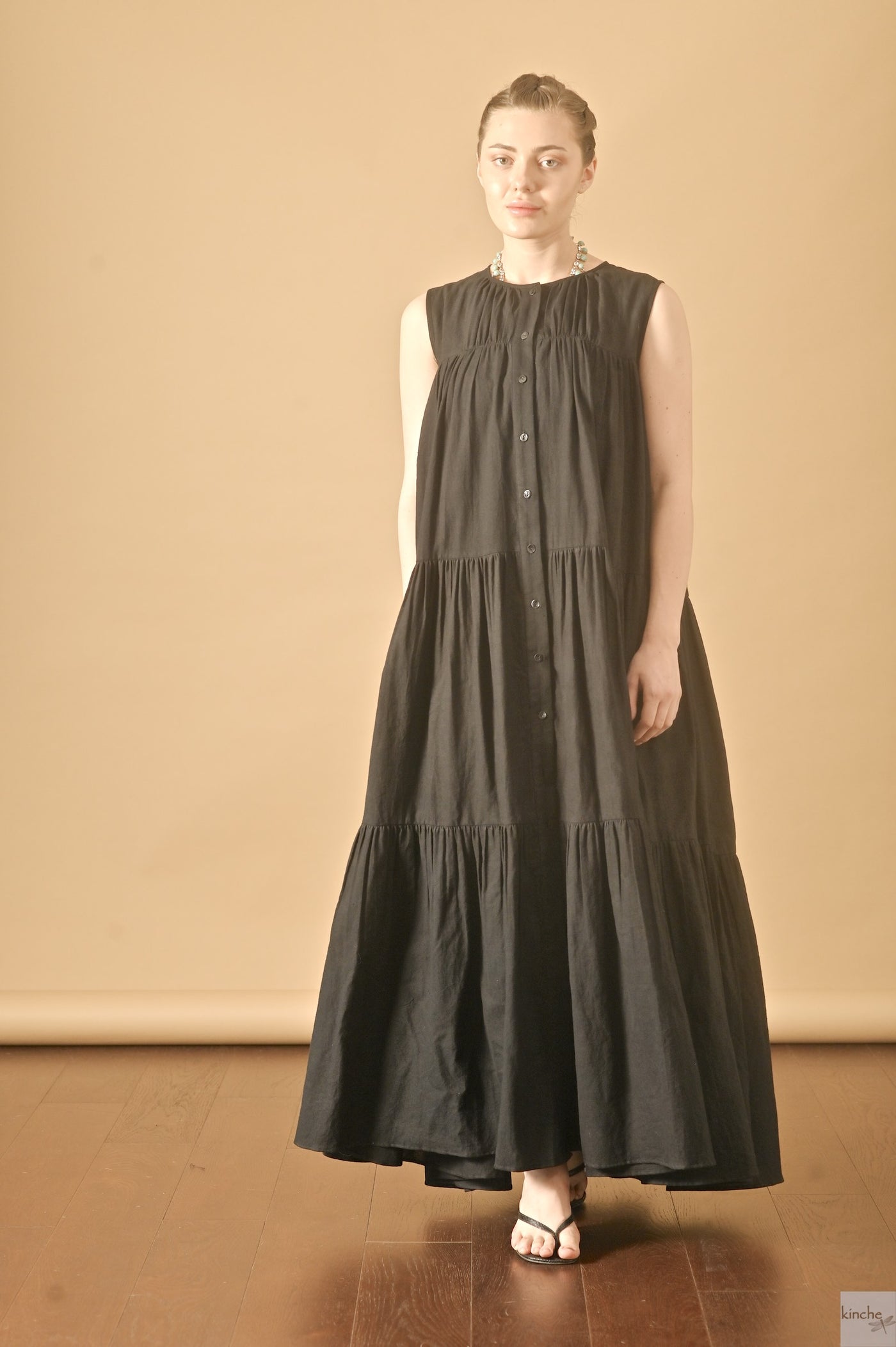 Tiered black maxi dress in poplin by kinche