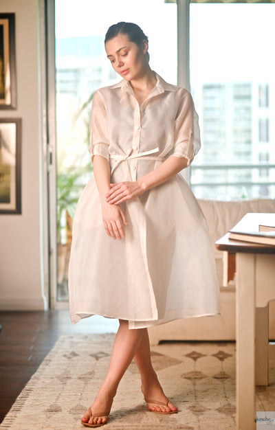 Organza, Luxury Sheer Shirt Dress in White by kinche