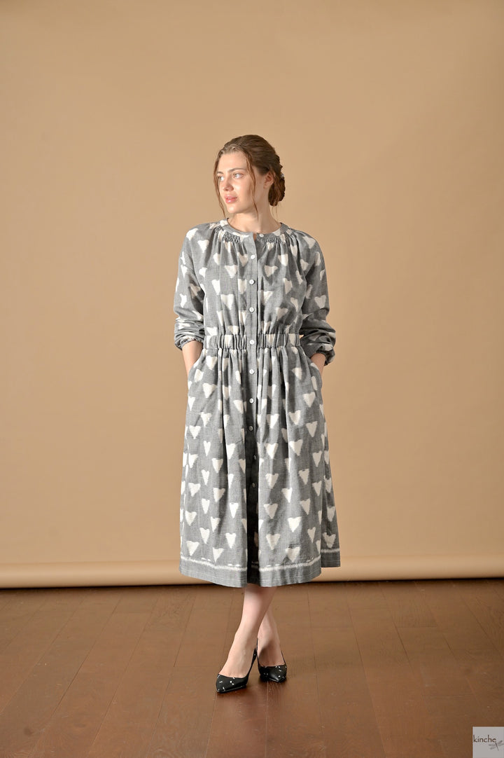 Lyre, Ikat Long Coat Dress, Smocking at Neck and Back - kinchecom