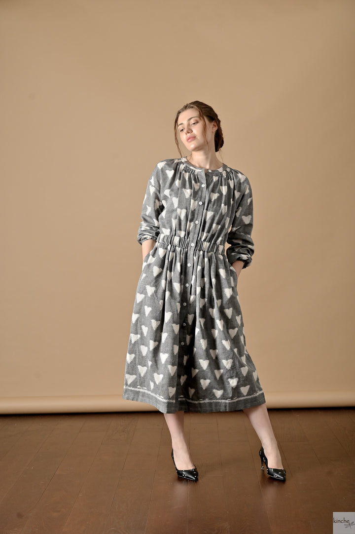 Lyre, Ikat Long Coat Dress, Smocking at Neck and Back - kinchecom