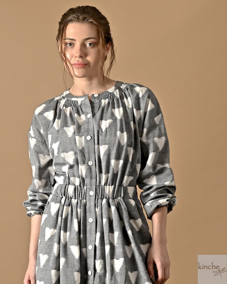 ikat heart patterned coat dress, sustainable fashion India