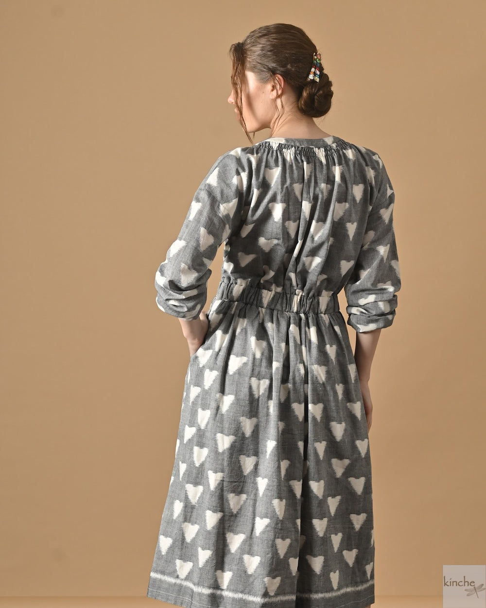 Lyre, Ikat Long Coat Dress, Smocking at Neck and Back - kinchecom