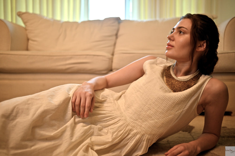 Corum Pure Khadi Muslin, Handmade, Unbleached Dress with Pleats on Chest - kinchecom