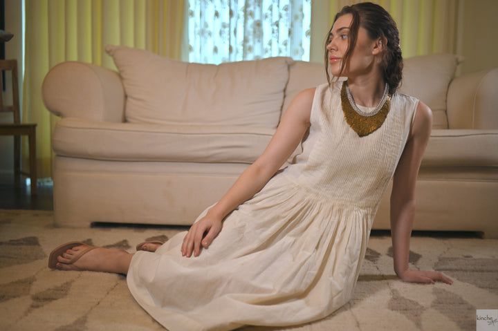 Corum Pure Khadi Muslin, Handmade, Unbleached Dress with Pleats on Chest - kinchecom