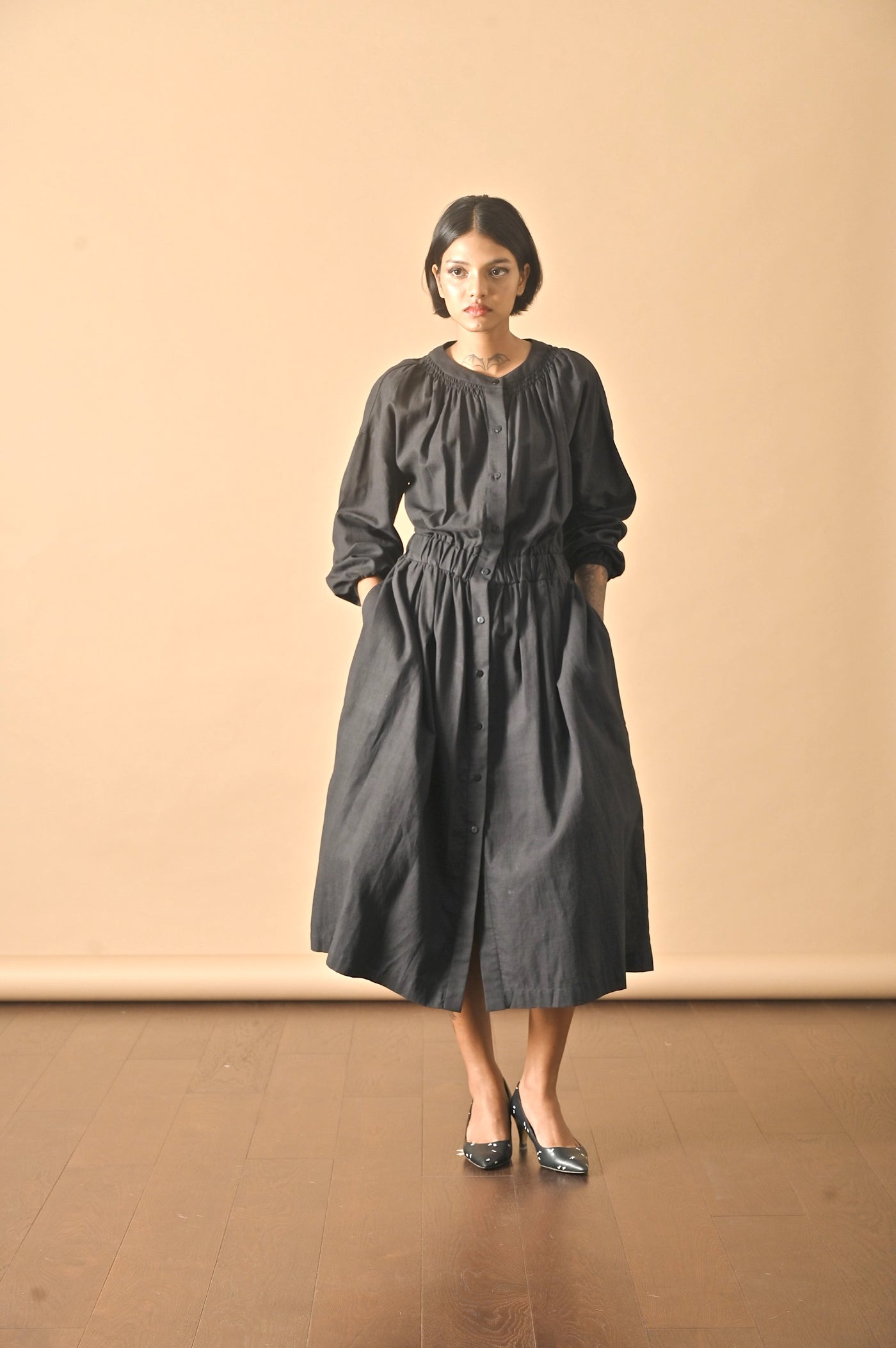 Tulip Black, Smocked Neckline Flared  Dress, Made with Khadi Fabric