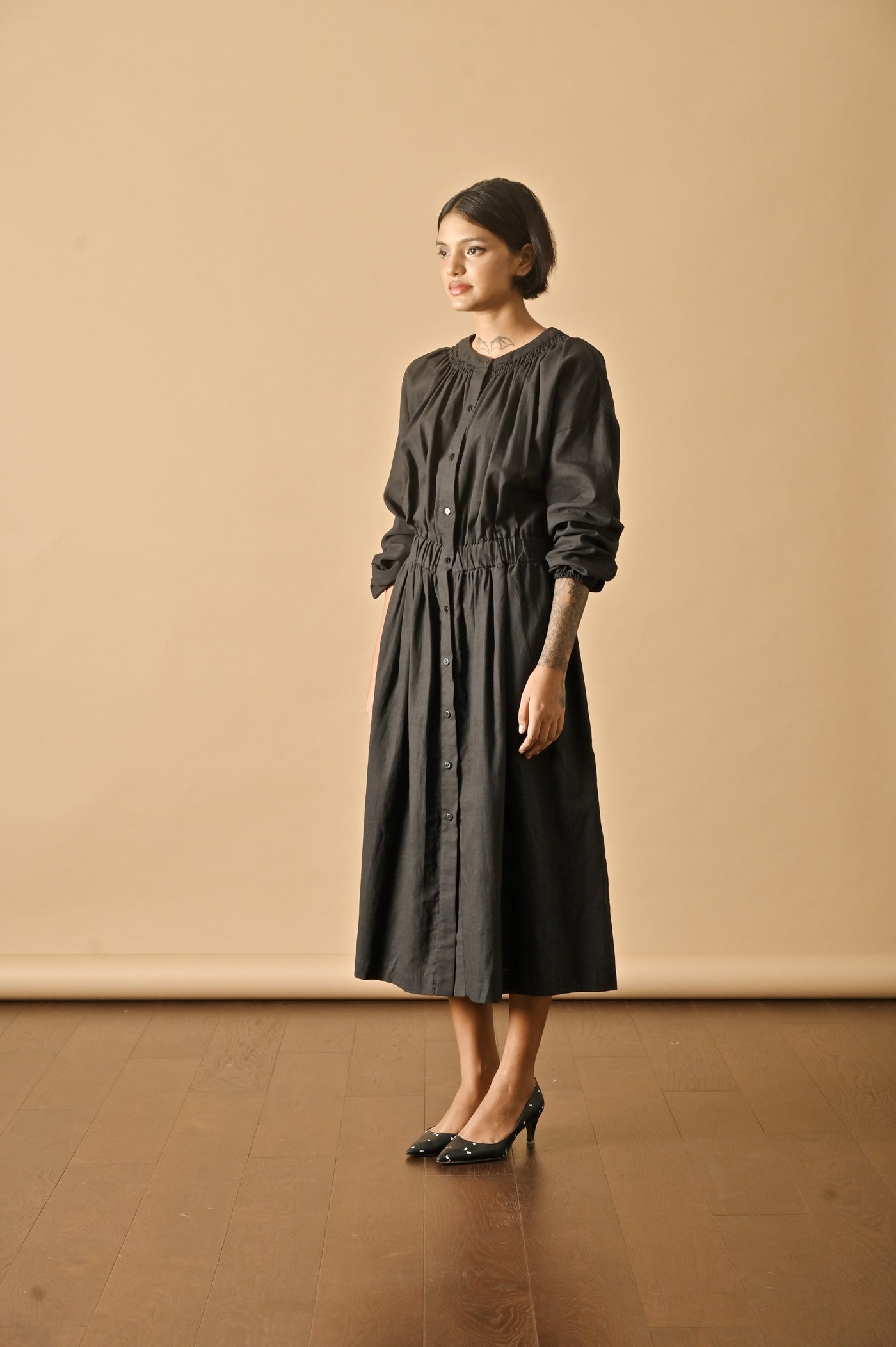 Tulip Black, Smocked Neckline Flared  Dress, Made with Khadi Fabric