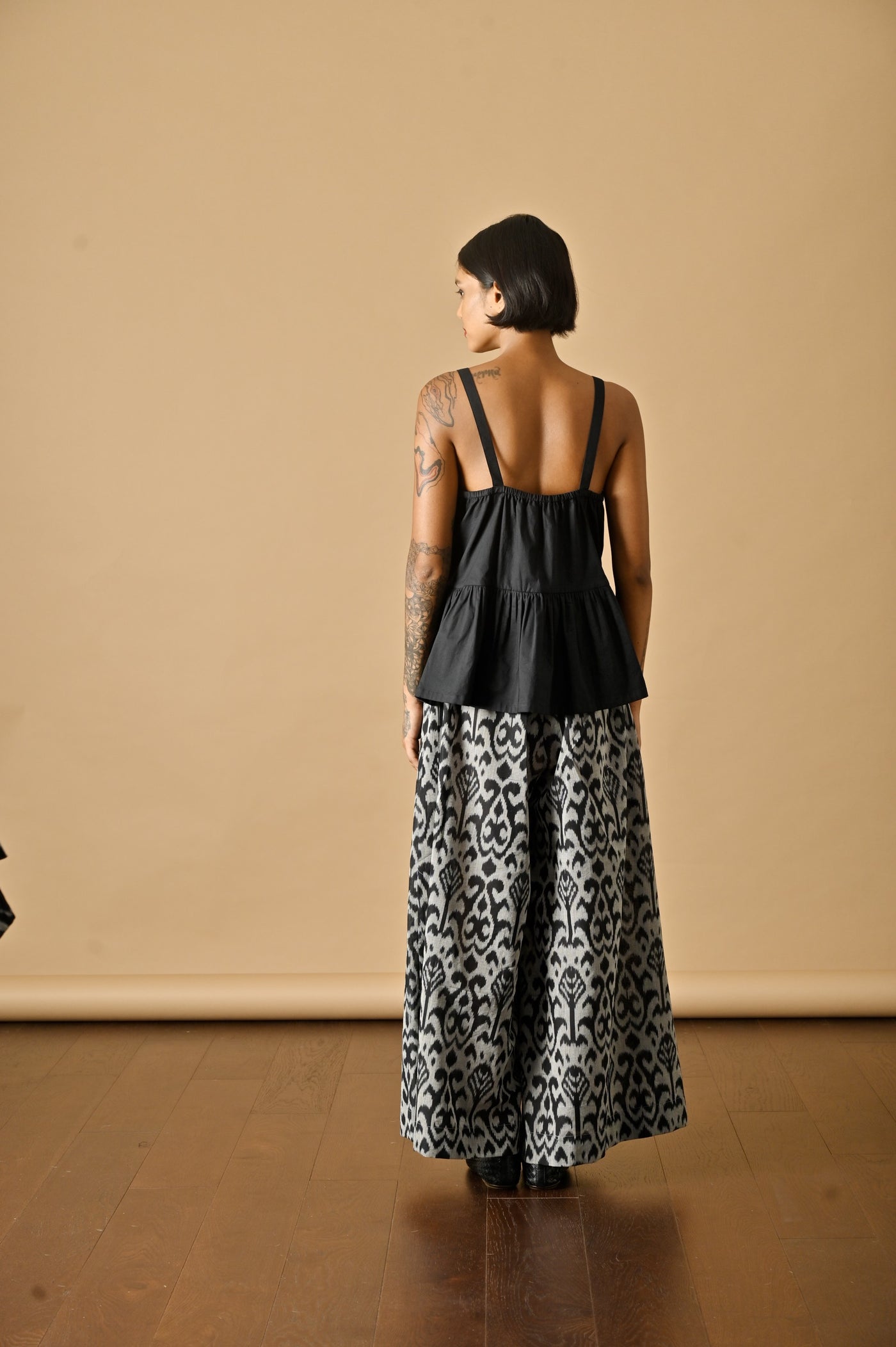 Kheiv, Handmade Elastic Back Waist, Ikat Weave Flared Pants