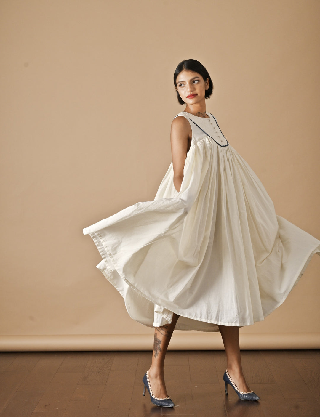 Tara, Khadi, Quilted Yolk Flared Dress with Contrast Piping XS - Large Tara, Khadi, Quilted Yolk Flared Dress with Contrast Piping XS - Large