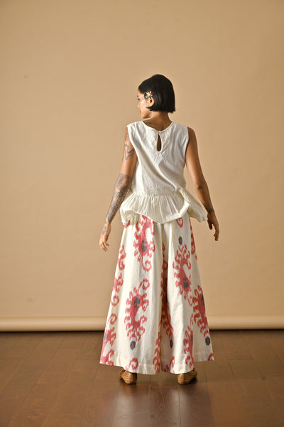 Tashkent, Ikat Weave, Deep Red and Off White Flared Pants for Women