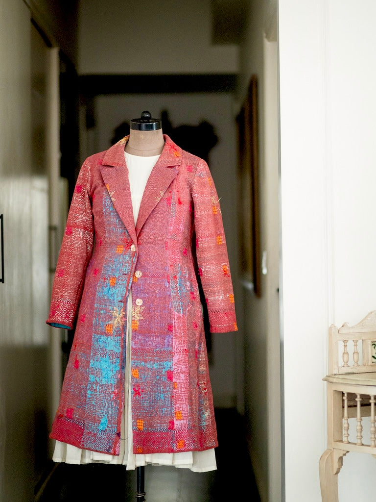 Gul, Handmade Vintage Distressed Kantha Long Blazer in Medium - kinchecom