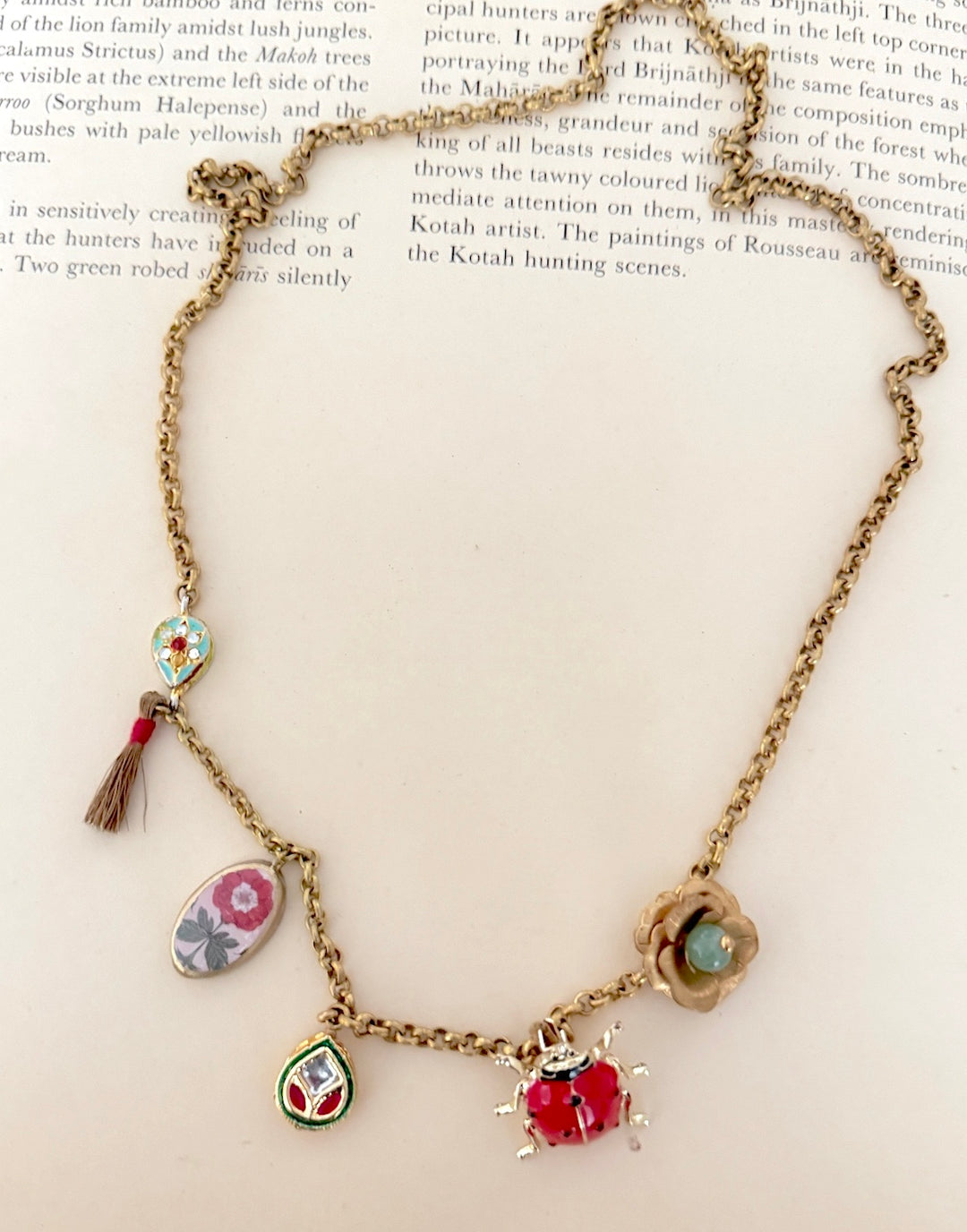 Beetle, Vintage Charms, Brass, Aventurine Bead and Tassels Necklace, One of a Kind