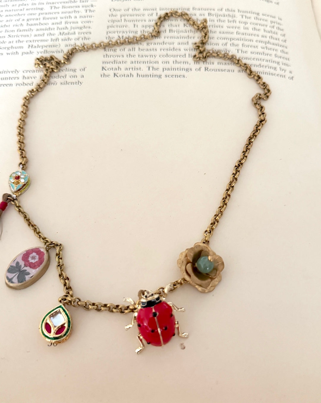 Beetle, Vintage Charms, Brass, Aventurine Bead and Tassels Necklace, One of a Kind