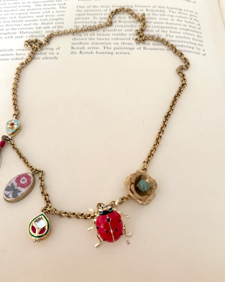 Beetle, Vintage Charms, Brass, Aventurine Bead and Tassels Necklace, One of a Kind